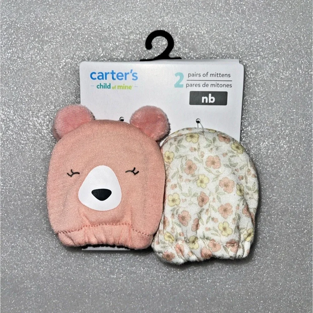 Carter's Child of Mine Baby Girl Infant Pink Bear & Flower 2 Mittens Newborn NEW